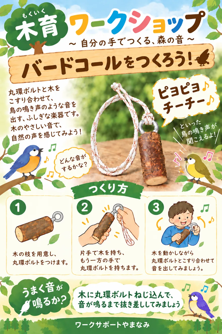 木育ワークショップでつくるバードコールの仕組みとつくり方を紹介する主催資料