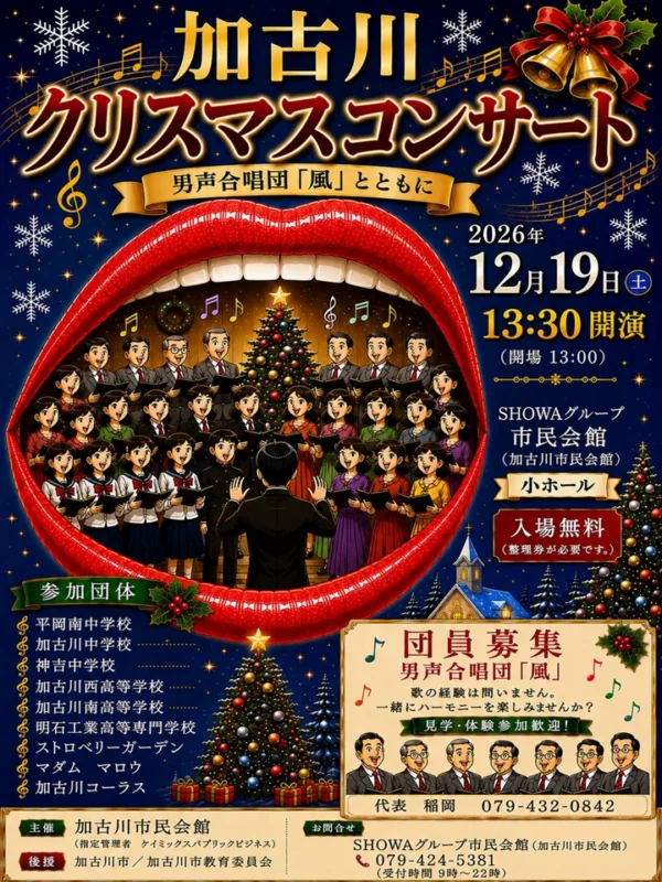男声合唱団「風」とともに 加古川クリスマスコンサートの公式ポスター