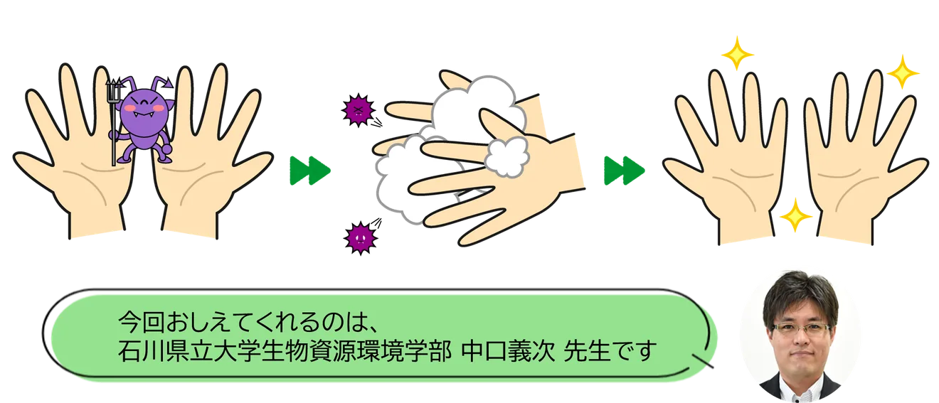 今回の手洗い講座を紹介する微生物と手洗いの挿絵