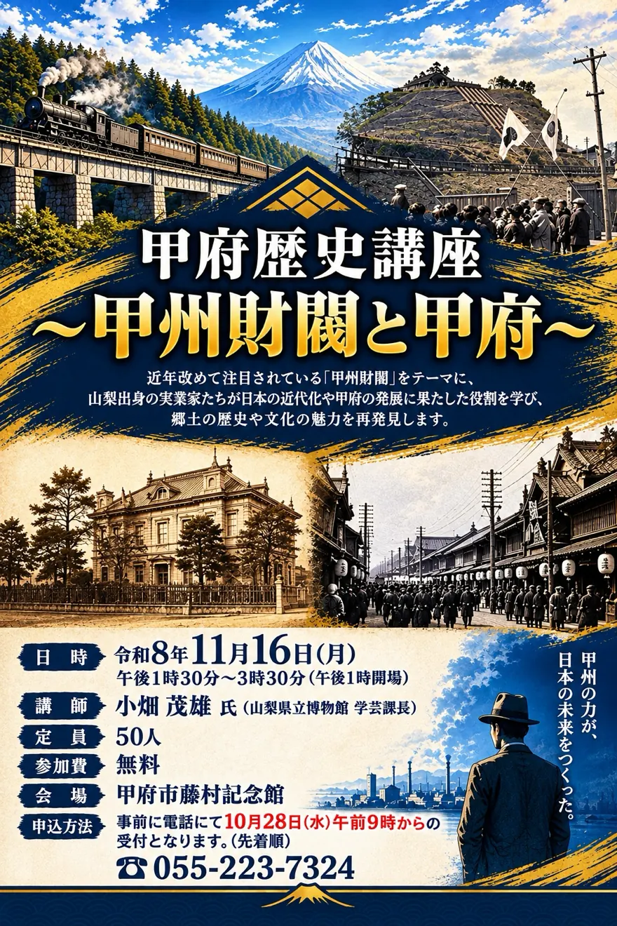 甲府歴史講座 甲州財閥と甲府の2026年11月16日開催チラシ