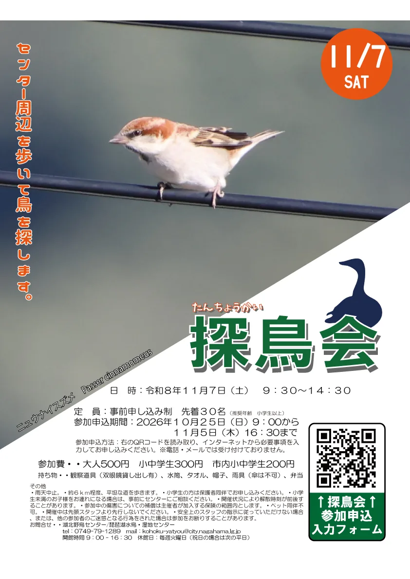 令和8年11月7日湖北野鳥センター探鳥会の公式チラシ