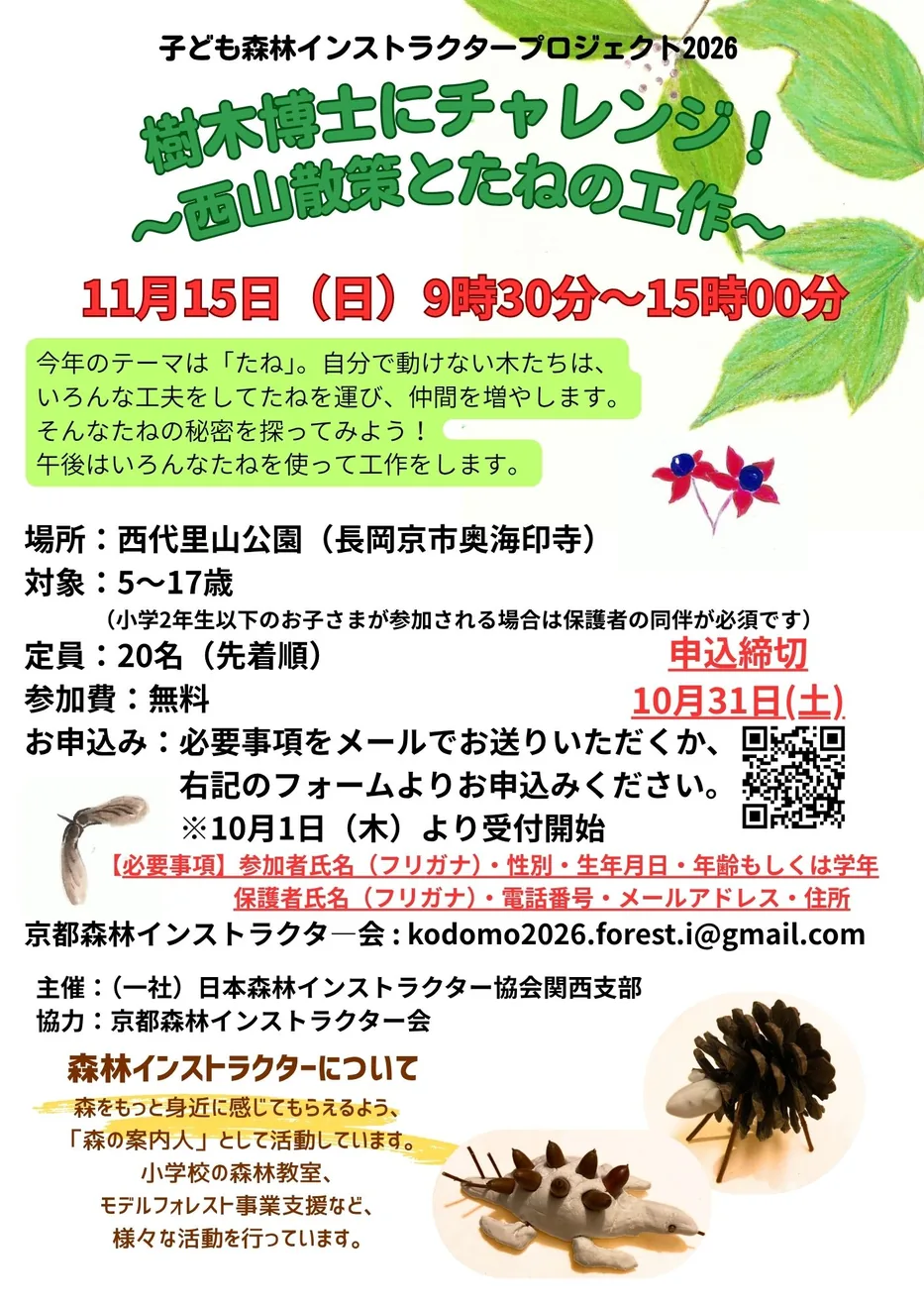 2026年11月15日の西山散策とたねの工作の募集チラシ