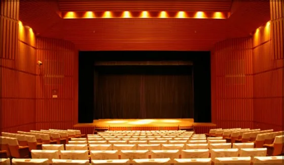 合同発表会の会場・新江州シアターの客席と舞台