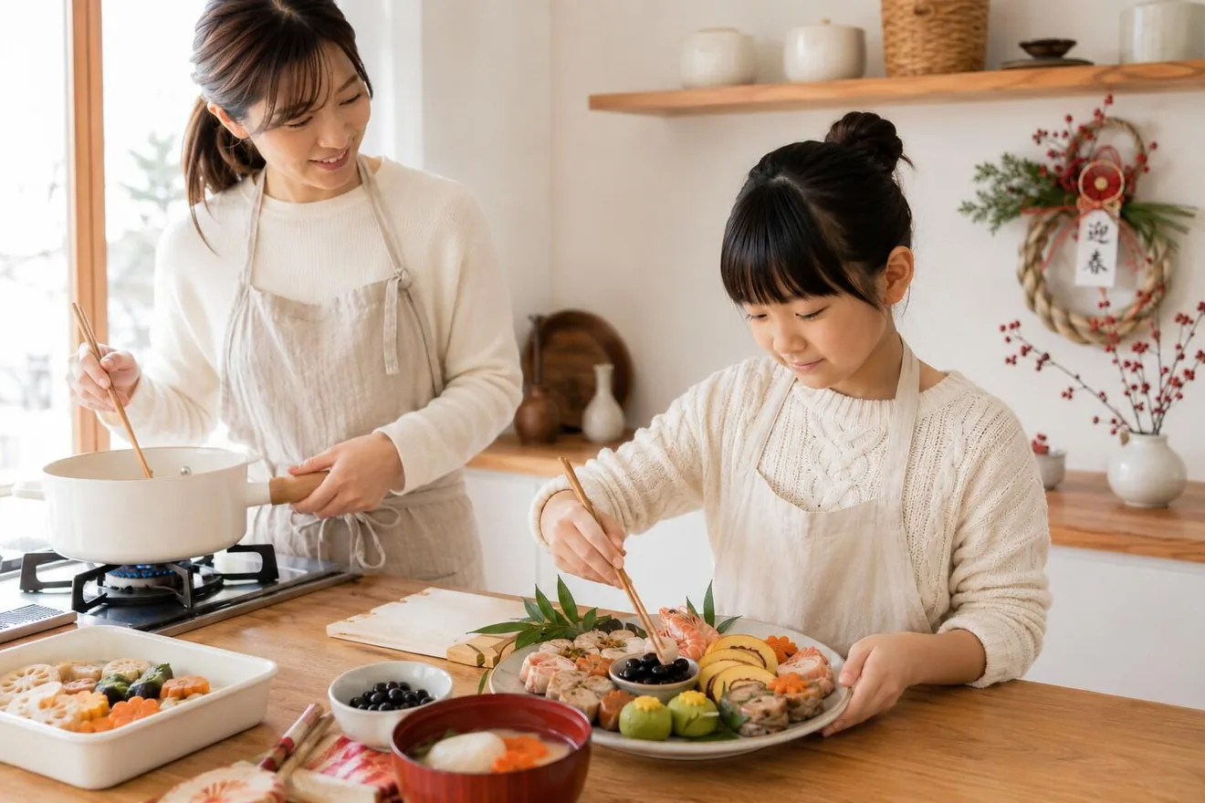 親子でチャレンジ！あん餅雑煮・ミニおせちの今回の主催告知に掲載された料理・作品や教室の参考画像（当日の開催写真ではありません）