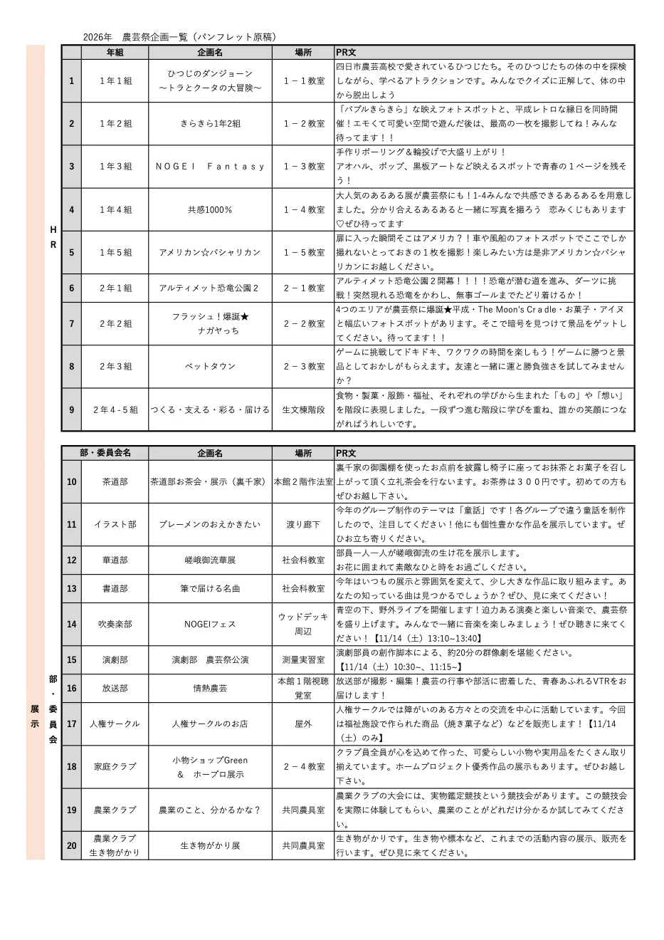 農芸祭2026の企画一覧