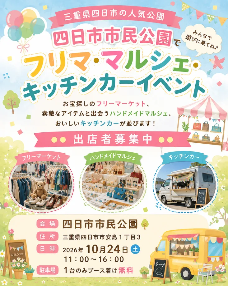 【四日市市民公園】フリマ&マルシェイベントの公式告知ポスター