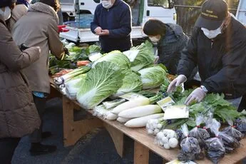 横浜中部地区農産物直売会の朝市で野菜を販売する様子（2021年12月取材の参考写真）